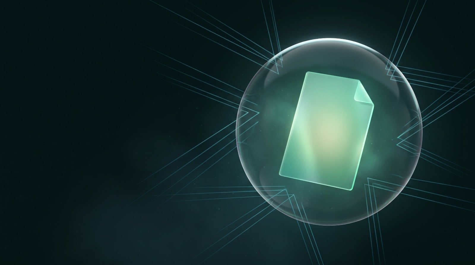 Un documento protegido dentro de una esfera translúcida, con haces de luz que rebotan en su superficie sin alcanzarlo